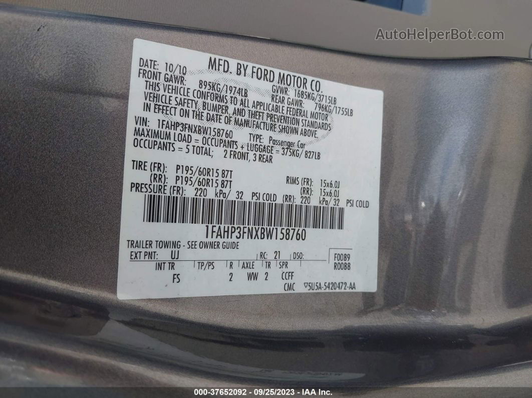 2011 Ford Focus Se Gray vin: 1FAHP3FNXBW158760