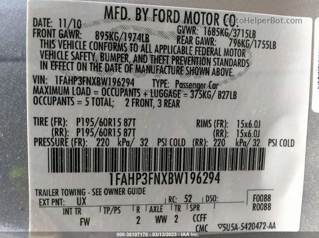 2011 Ford Focus Se Серебряный vin: 1FAHP3FNXBW196294