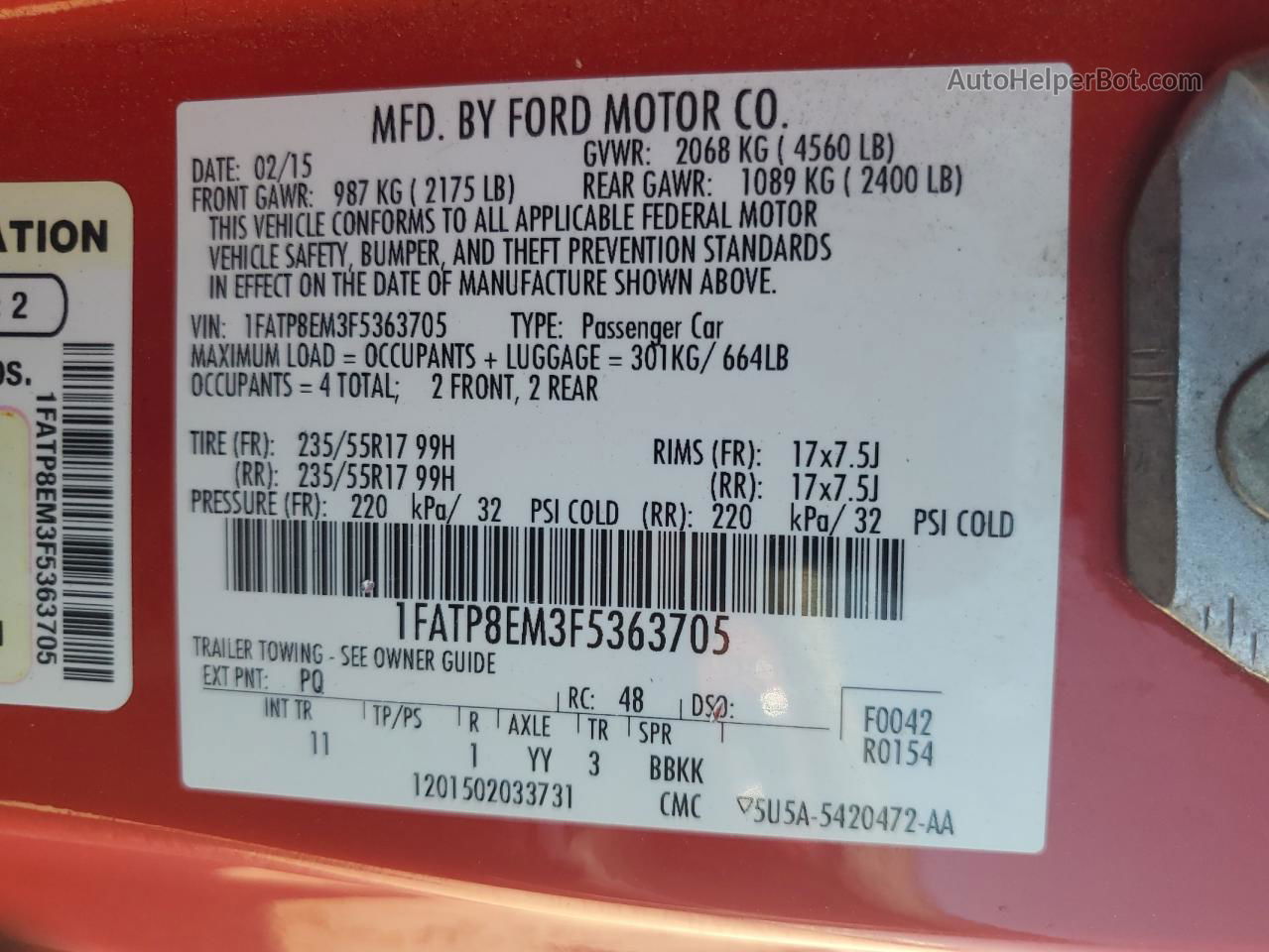 2015 Ford Mustang  Red vin: 1FATP8EM3F5363705