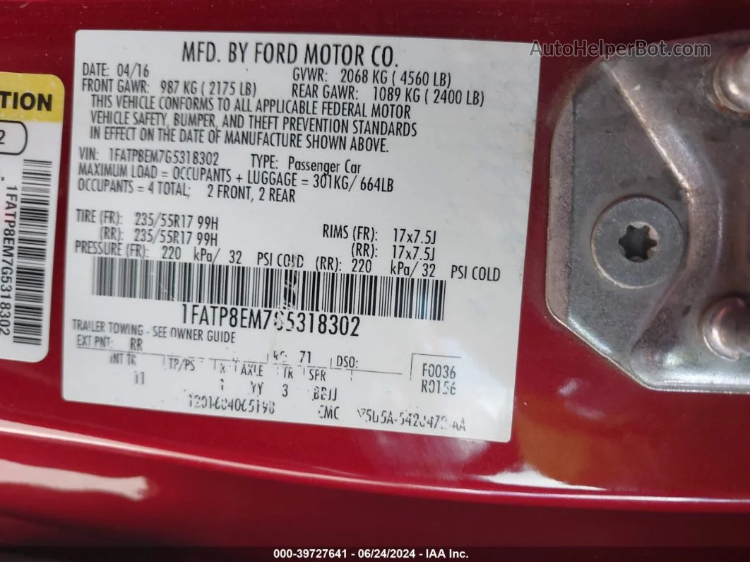 2016 Ford Mustang V6 Red vin: 1FATP8EM7G5318302