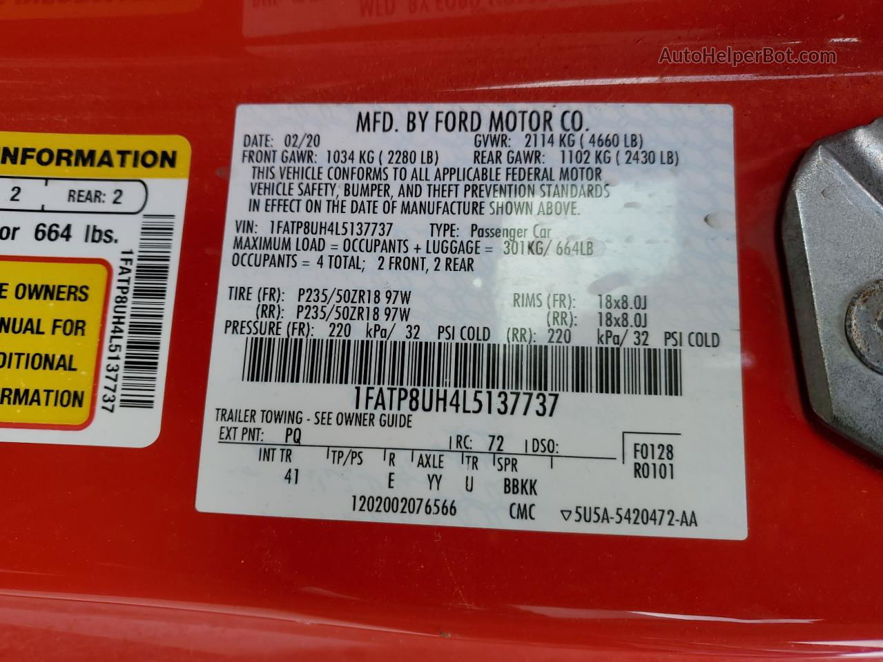 2020 Ford Mustang  Red vin: 1FATP8UH4L5137737