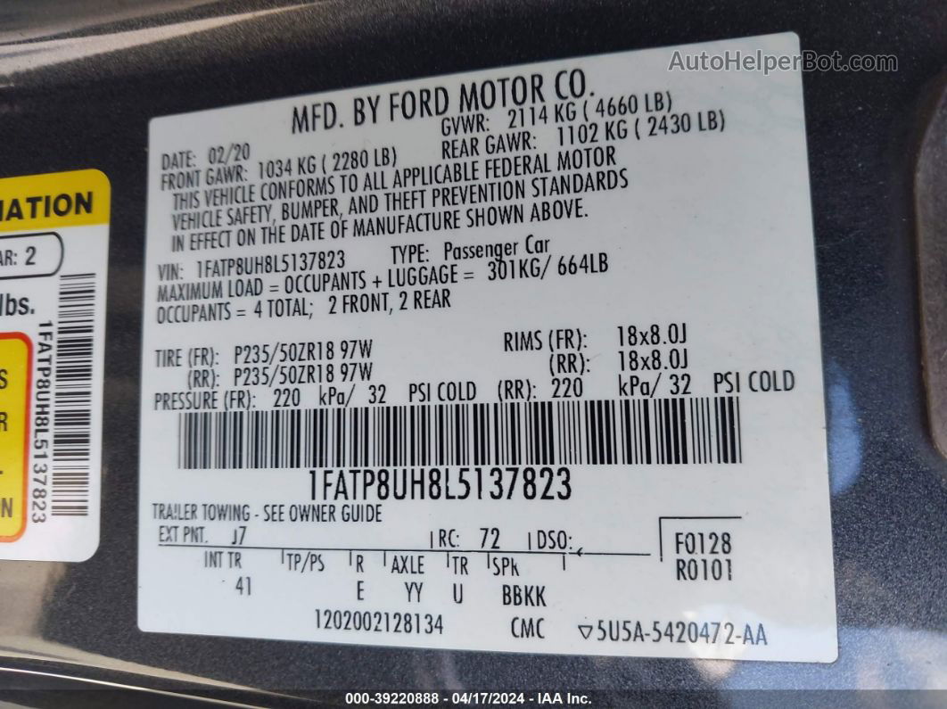 2020 Ford Mustang Ecoboost Premium Gray vin: 1FATP8UH8L5137823