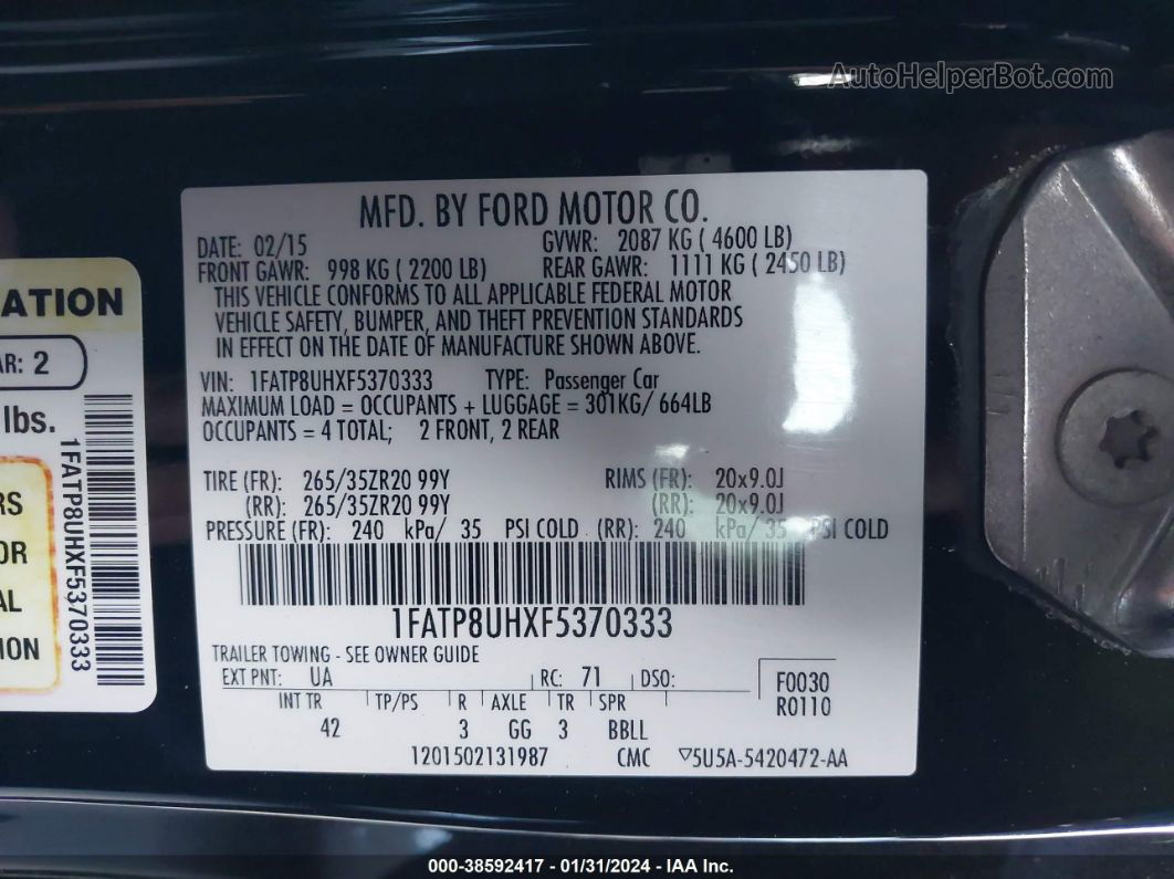 2015 Ford Mustang Ecoboost Premium Black vin: 1FATP8UHXF5370333