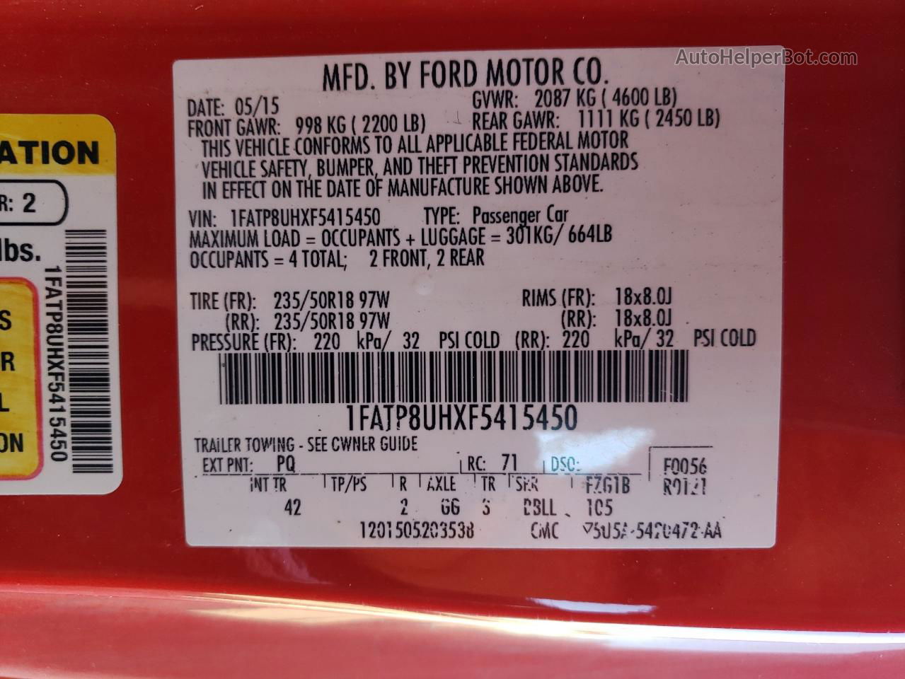 2015 Ford Mustang  Red vin: 1FATP8UHXF5415450