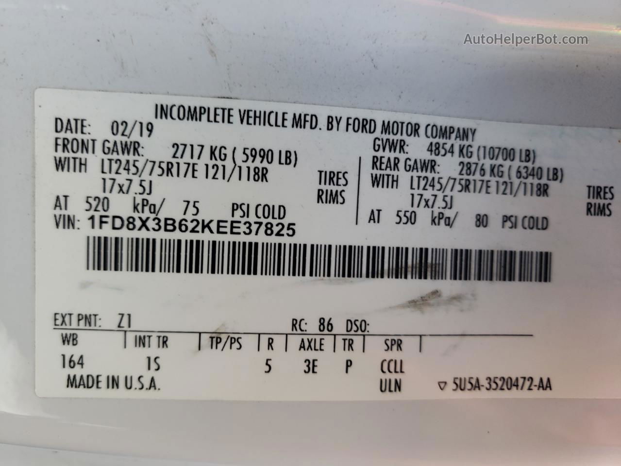 2019 Ford F350 Super Duty White vin: 1FD8X3B62KEE37825