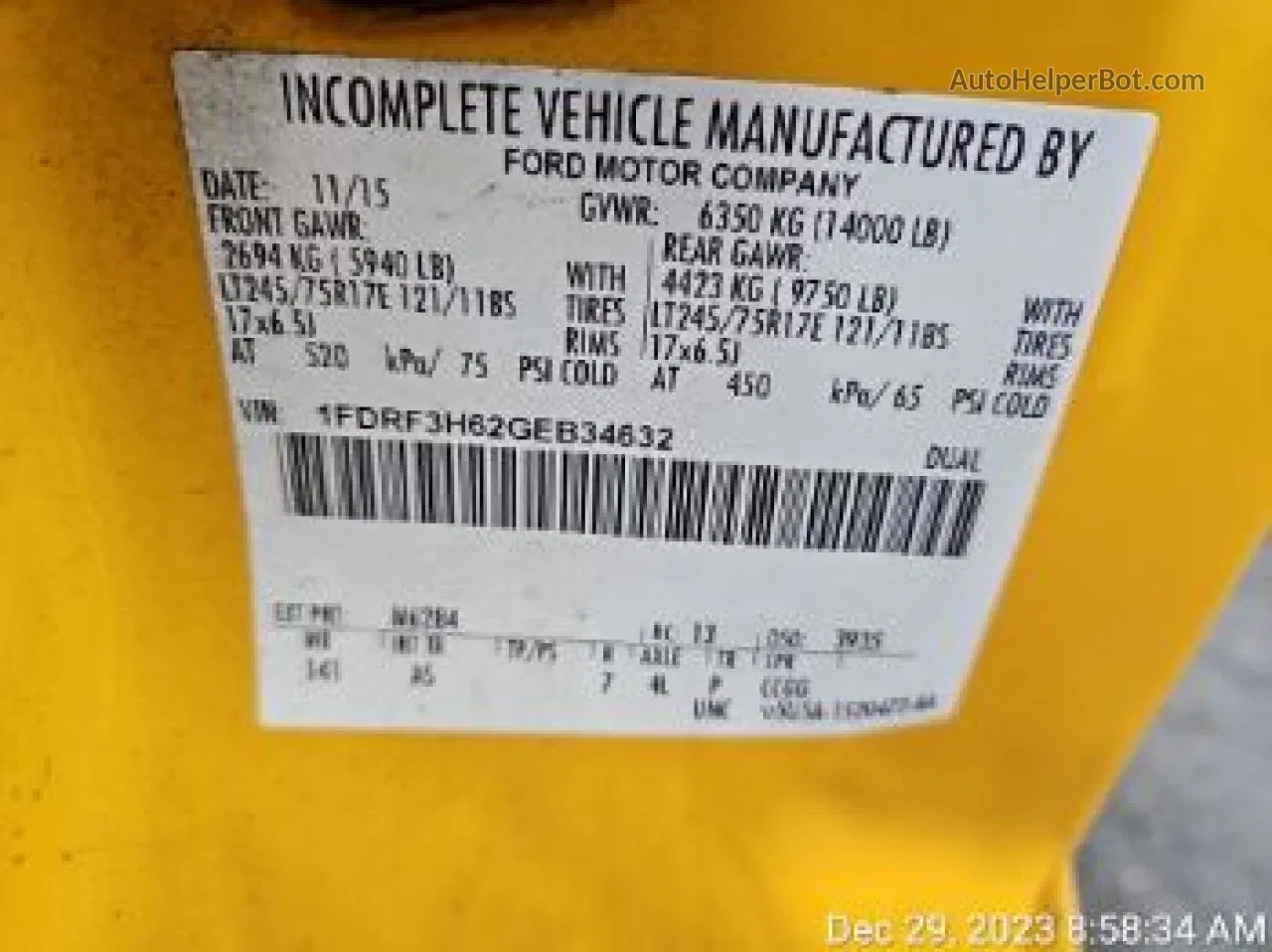 2016 Ford F350 Super Duty Yellow vin: 1FDRF3H62GEB34632