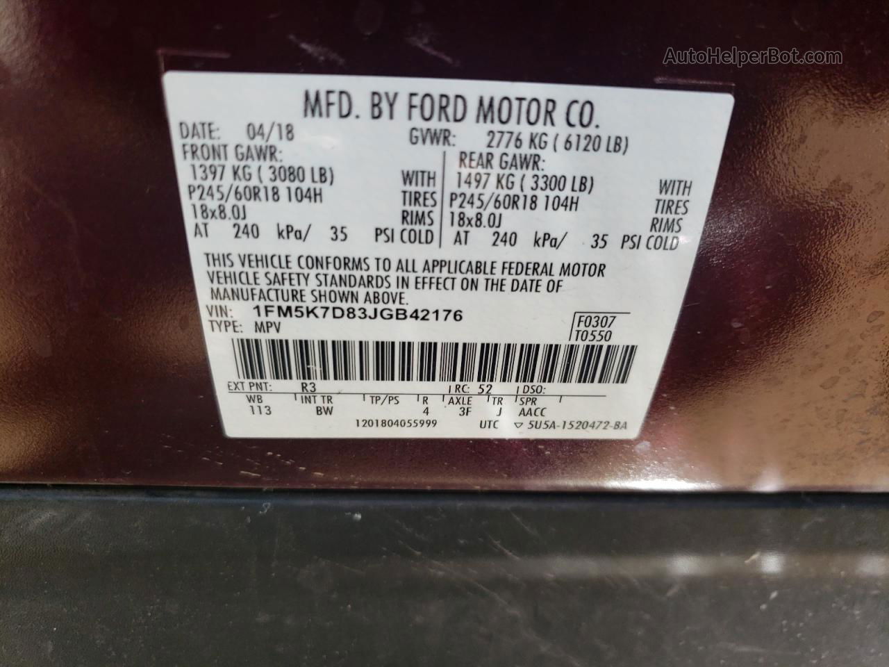 2018 Ford Explorer Xlt Burgundy vin: 1FM5K7D83JGB42176