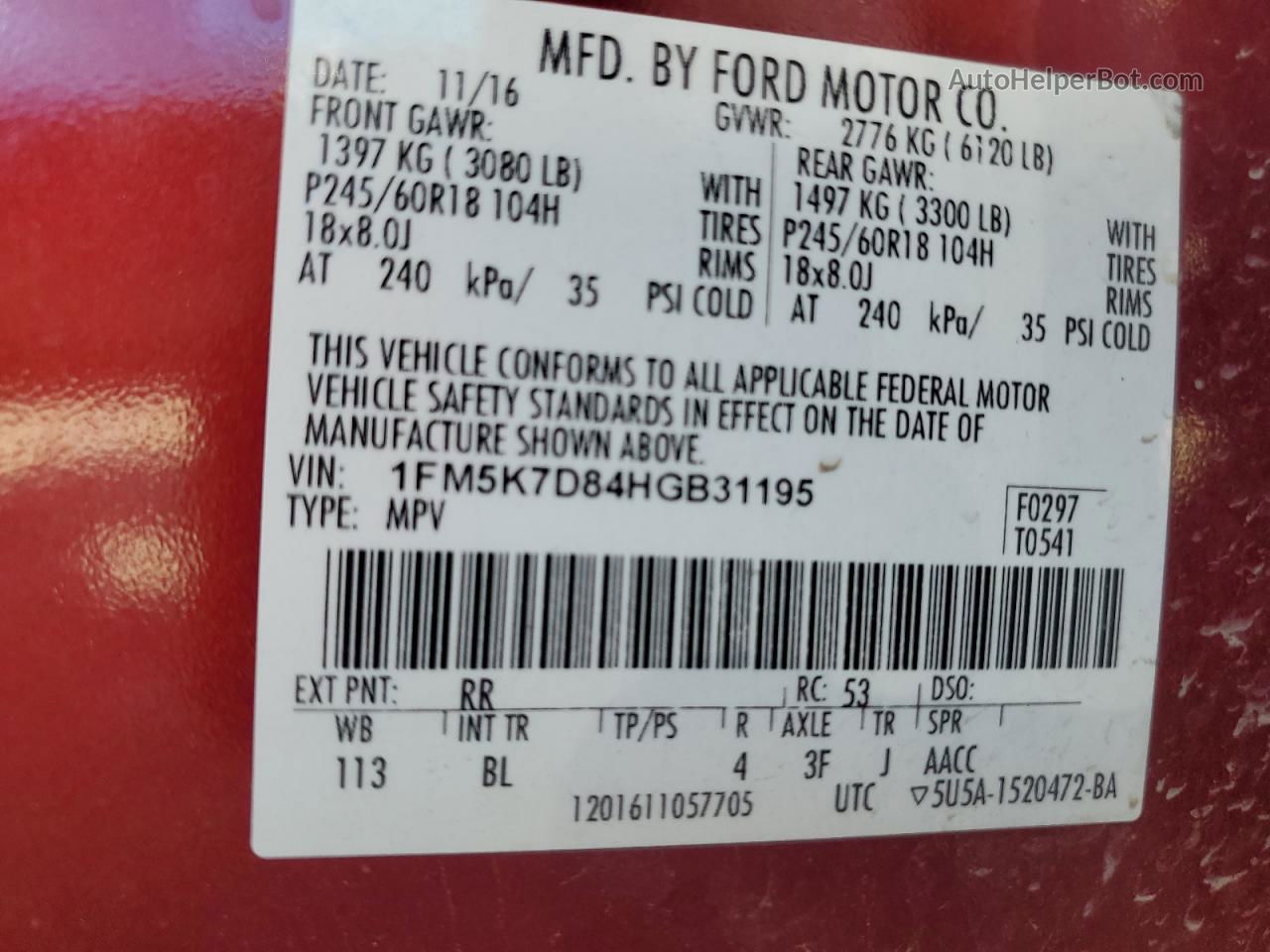 2017 Ford Explorer Xlt Red vin: 1FM5K7D84HGB31195