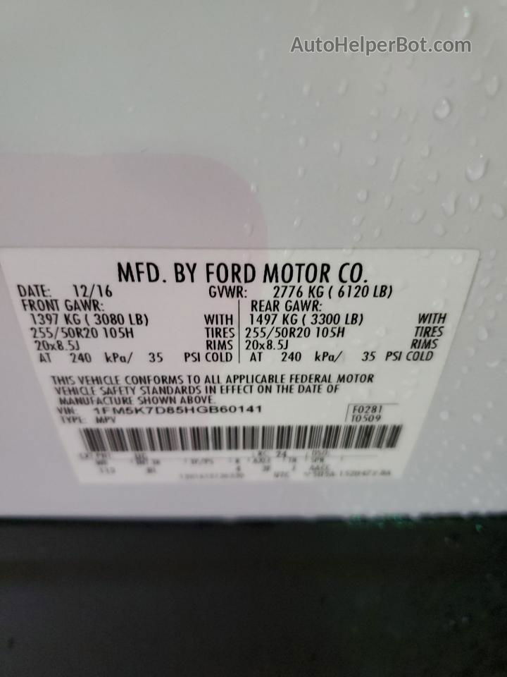 2017 Ford Explorer Xlt White vin: 1FM5K7D85HGB60141
