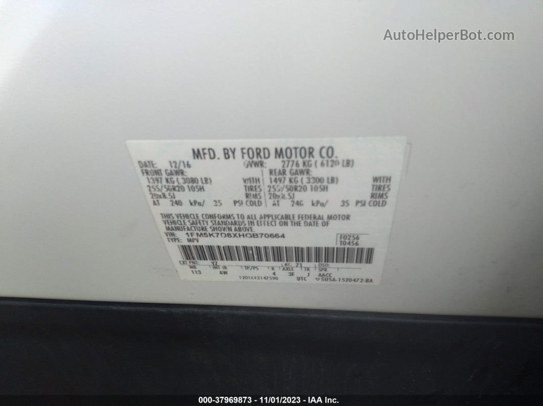2017 Ford Explorer Xlt White vin: 1FM5K7D8XHGB70664