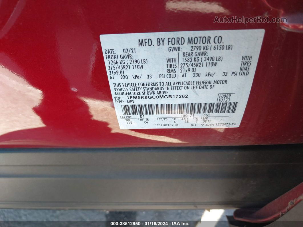 2021 Ford Explorer St Red vin: 1FM5K8GC0MGB17262