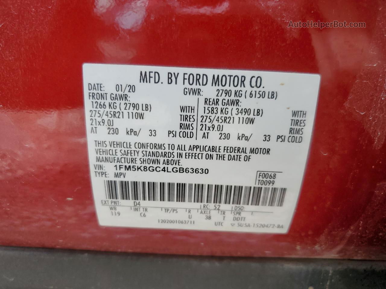 2020 Ford Explorer St Red vin: 1FM5K8GC4LGB63630