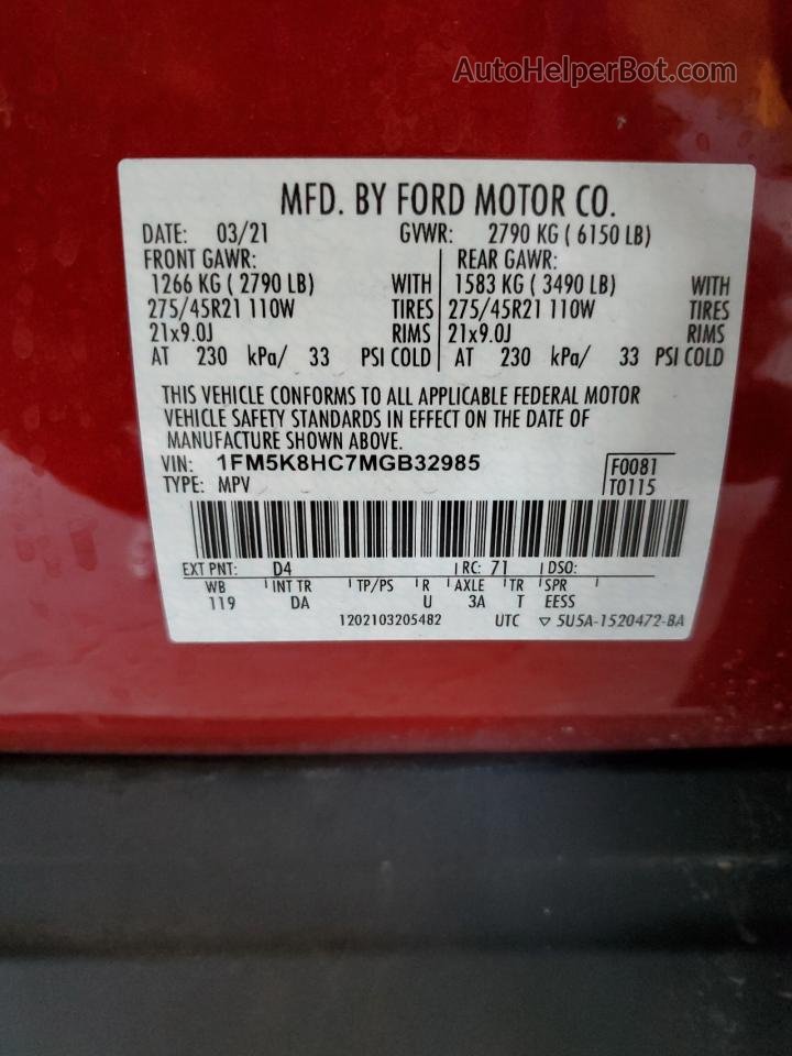 2021 Ford Explorer Platinum Maroon vin: 1FM5K8HC7MGB32985
