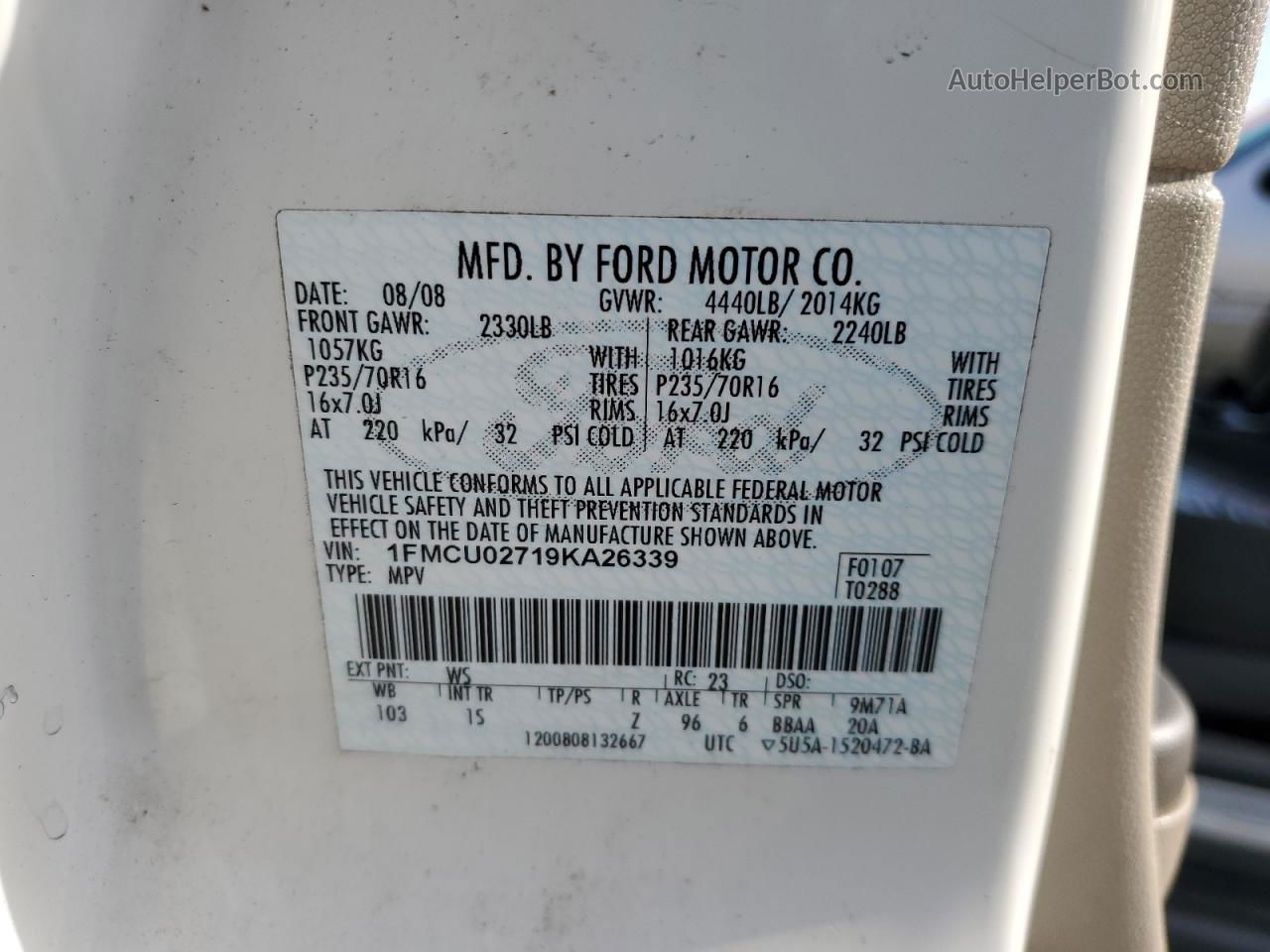 2009 Ford Escape Xls White vin: 1FMCU02719KA26339