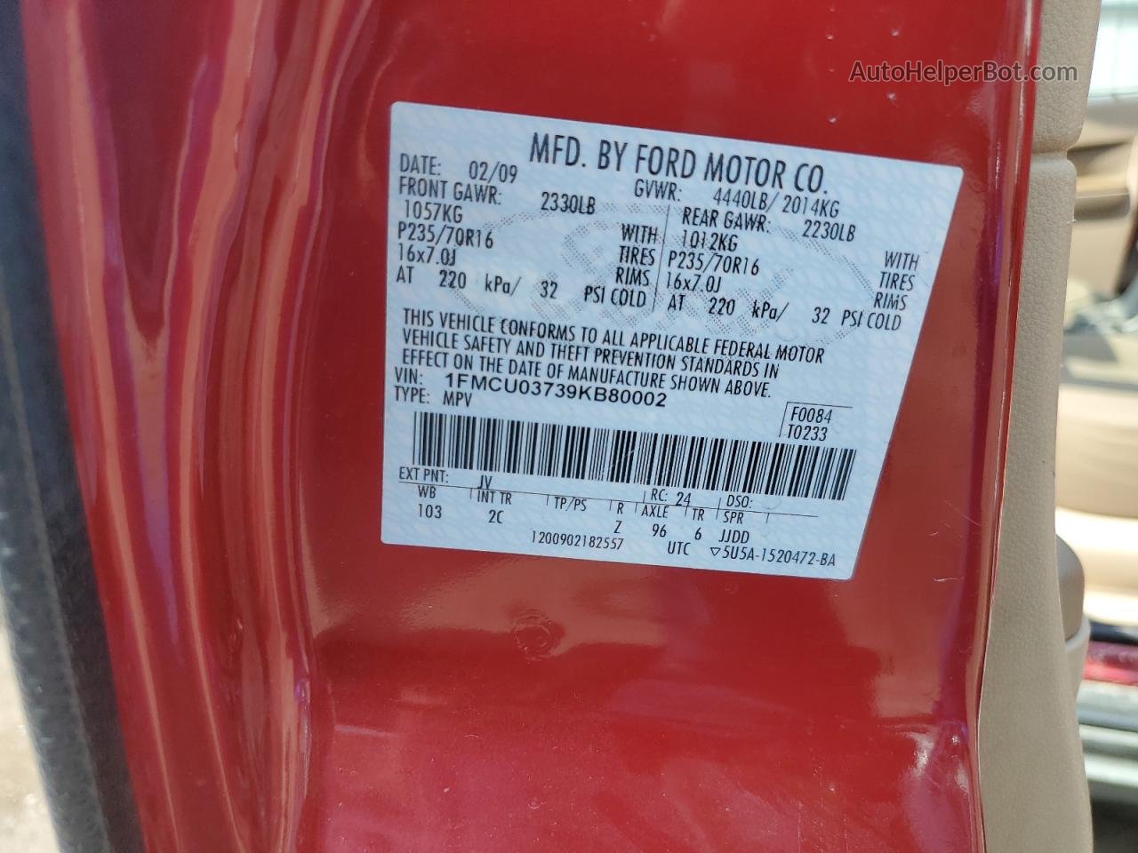 2009 Ford Escape Xlt Красный vin: 1FMCU03739KB80002