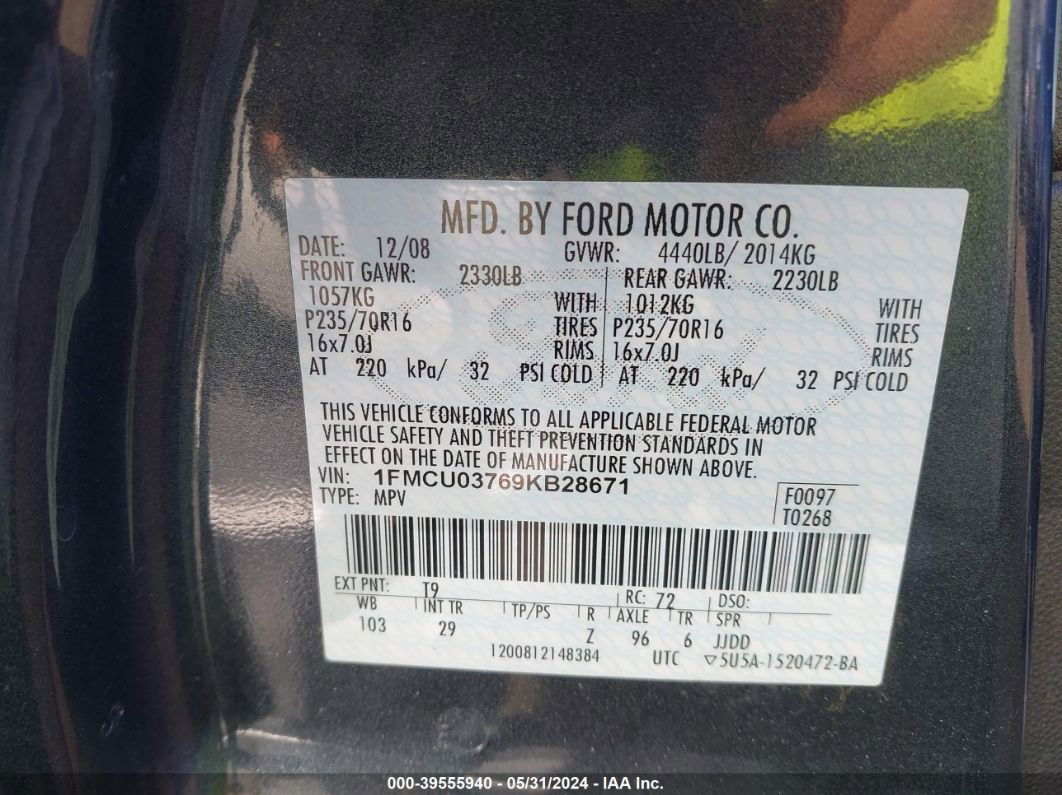 2009 Ford Escape Xlt Gray vin: 1FMCU03769KB28671