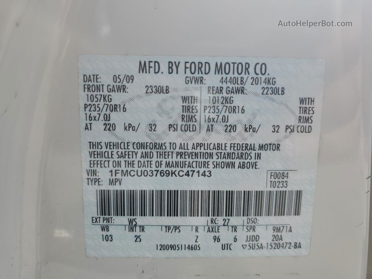 2009 Ford Escape Xlt White vin: 1FMCU03769KC47143