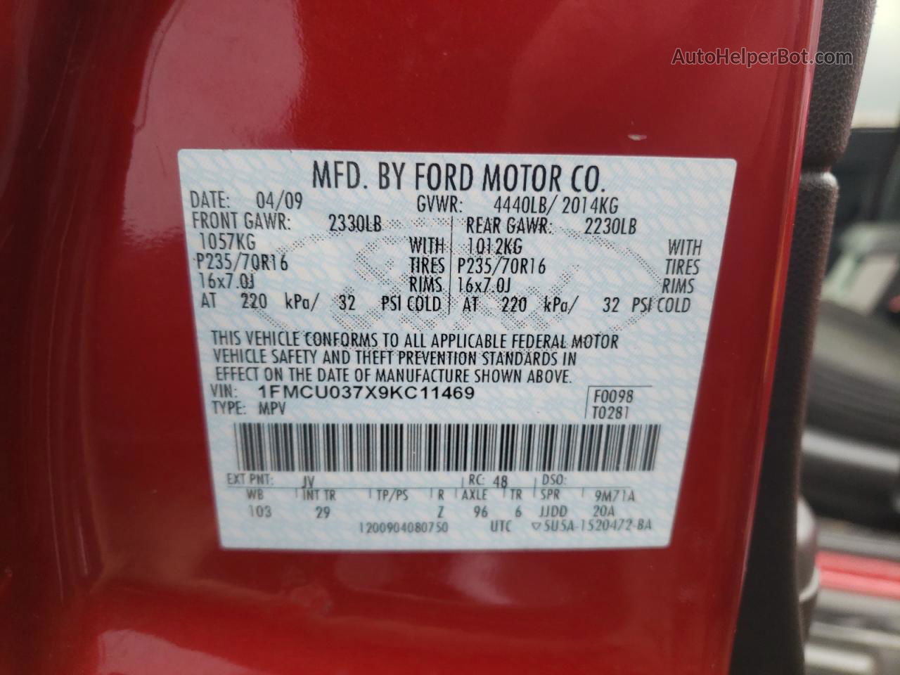 2009 Ford Escape Xlt Red vin: 1FMCU037X9KC11469