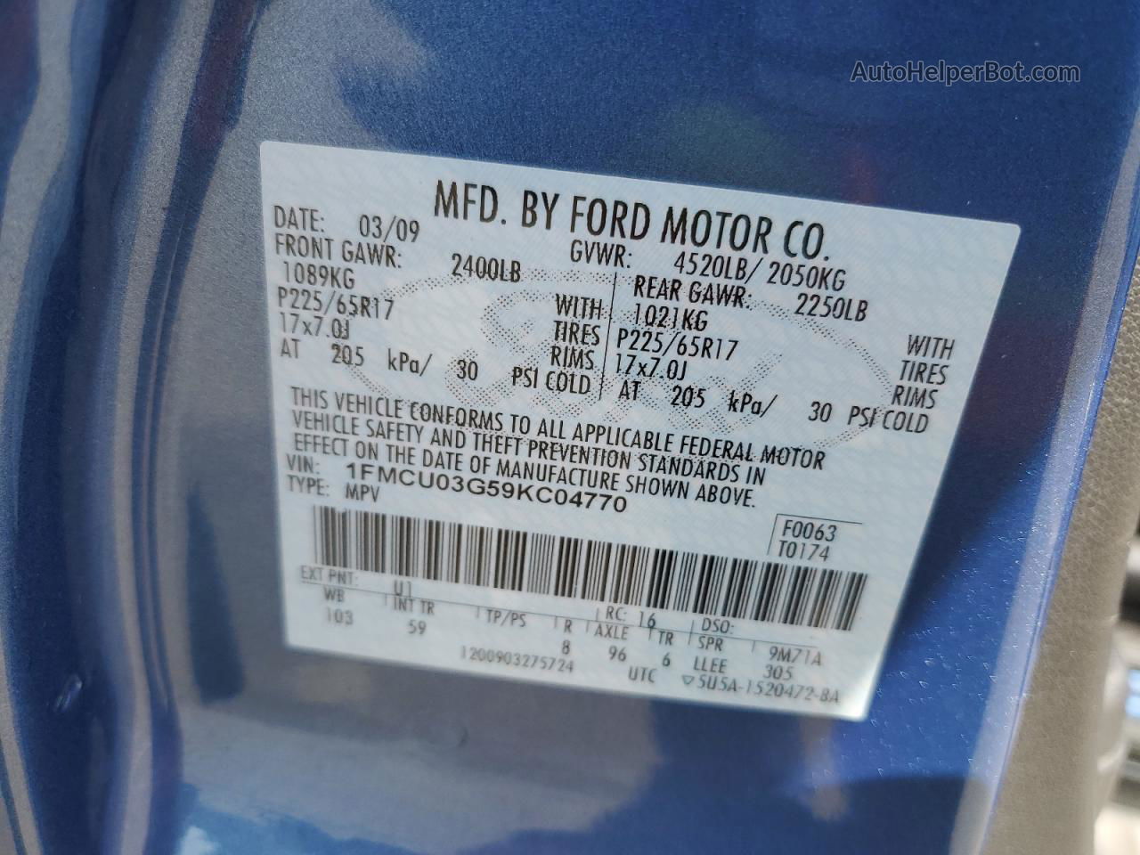 2009 Ford Escape Xlt Blue vin: 1FMCU03G59KC04770