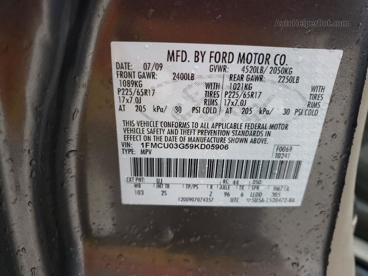 2009 Ford Escape Xlt Gray vin: 1FMCU03G59KD05906