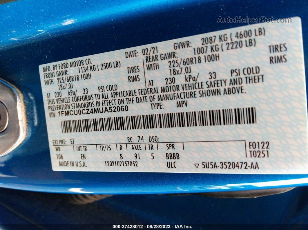 2021 Ford Escape Sel Hybrid Light Blue vin: 1FMCU0CZ4MUA52060