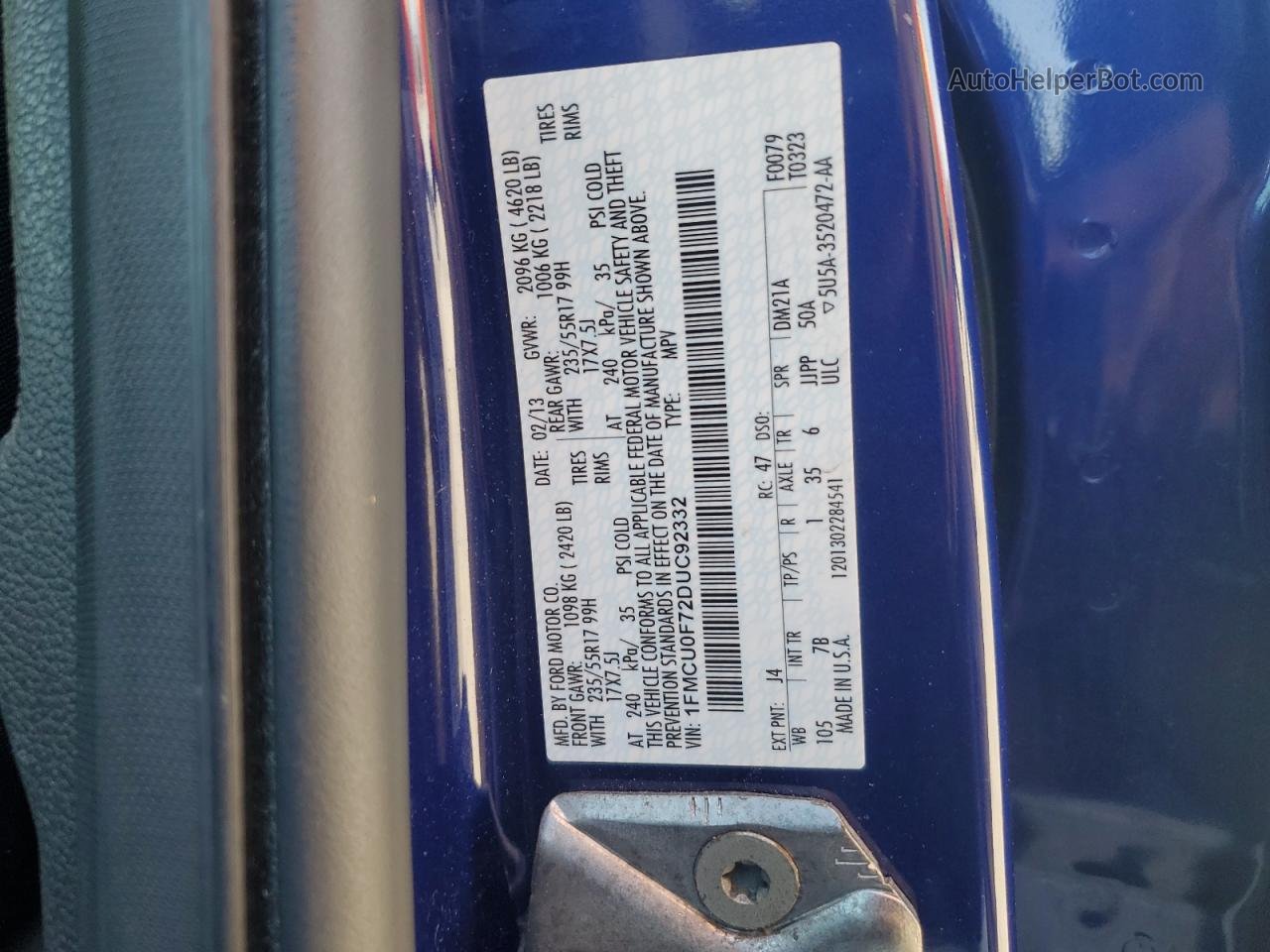 2013 Ford Escape S Синий vin: 1FMCU0F72DUC92332