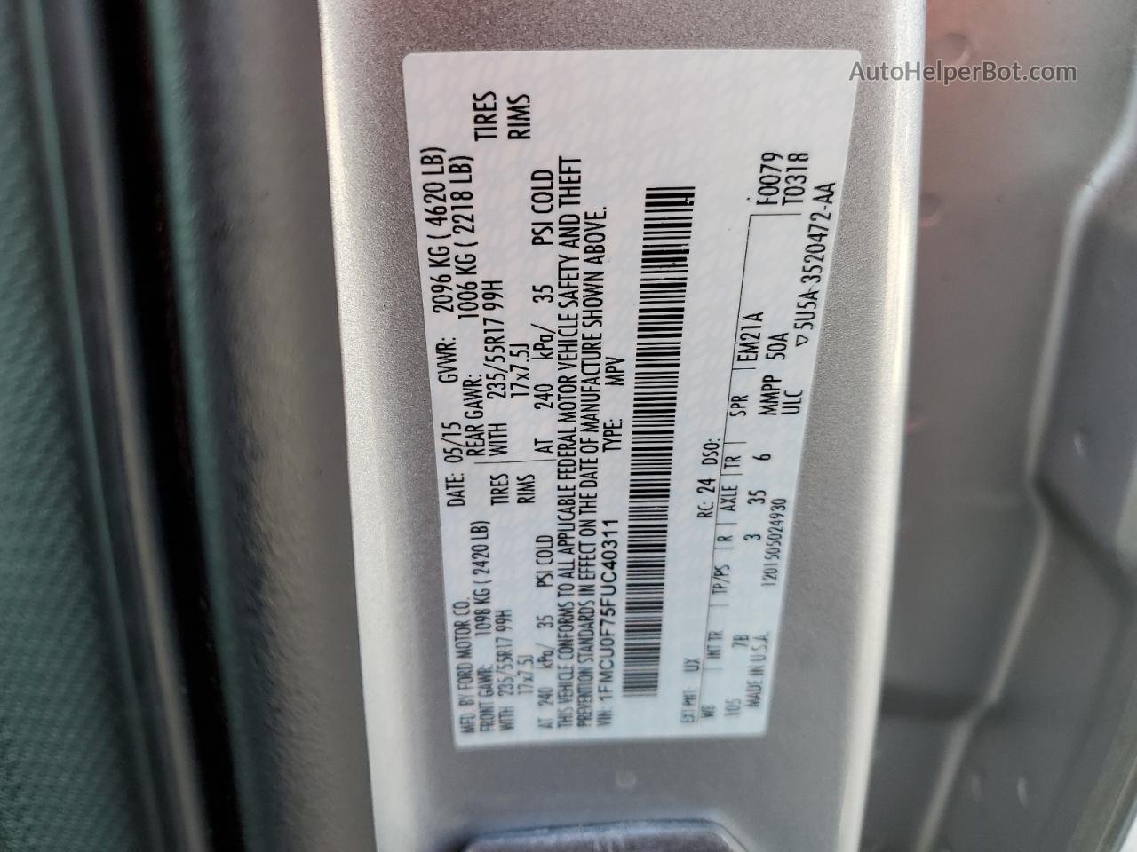 2015 Ford Escape S Silver vin: 1FMCU0F75FUC40311