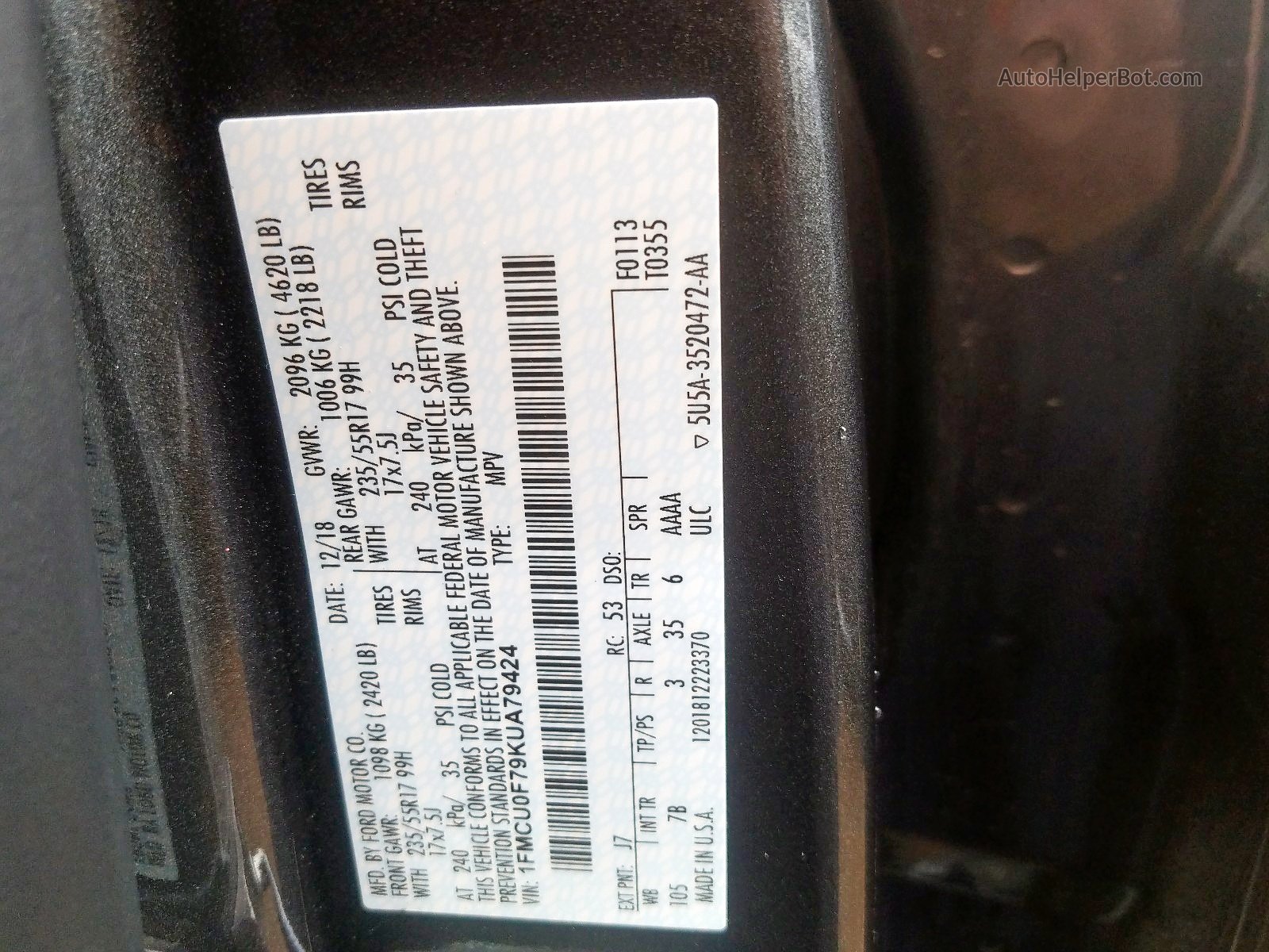 2019 Ford Escape S Серый vin: 1FMCU0F79KUA79424