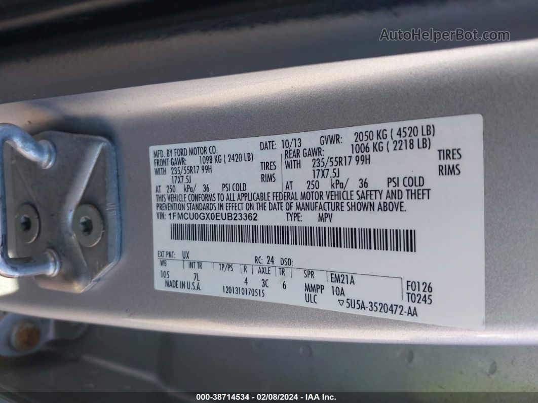 2014 Ford Escape Se Silver vin: 1FMCU0GX0EUB23362