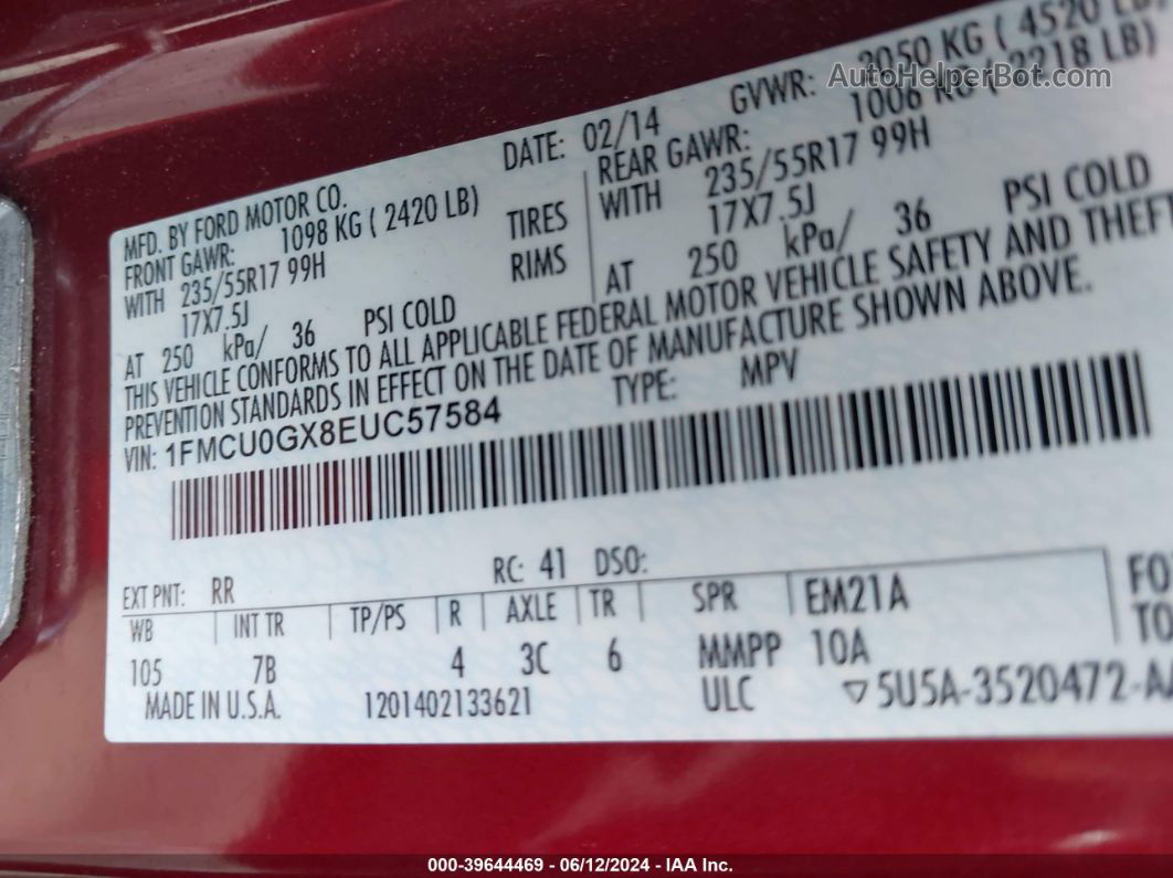 2014 Ford Escape Se Red vin: 1FMCU0GX8EUC57584