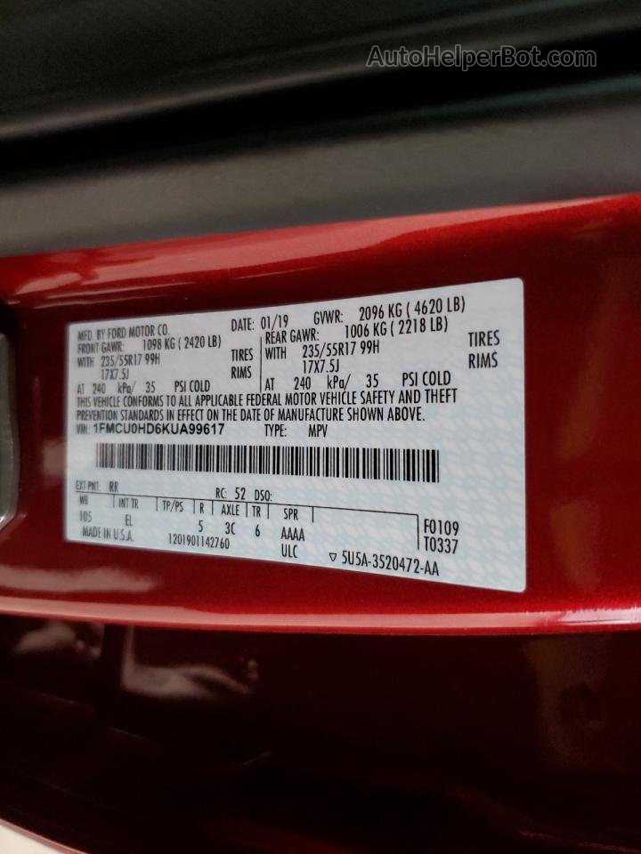 2019 Ford Escape Sel Red vin: 1FMCU0HD6KUA99617