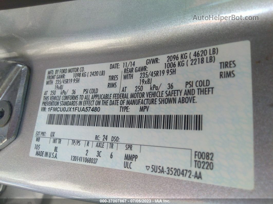 2015 Ford Escape Titanium Silver vin: 1FMCU0JX1FUA57480