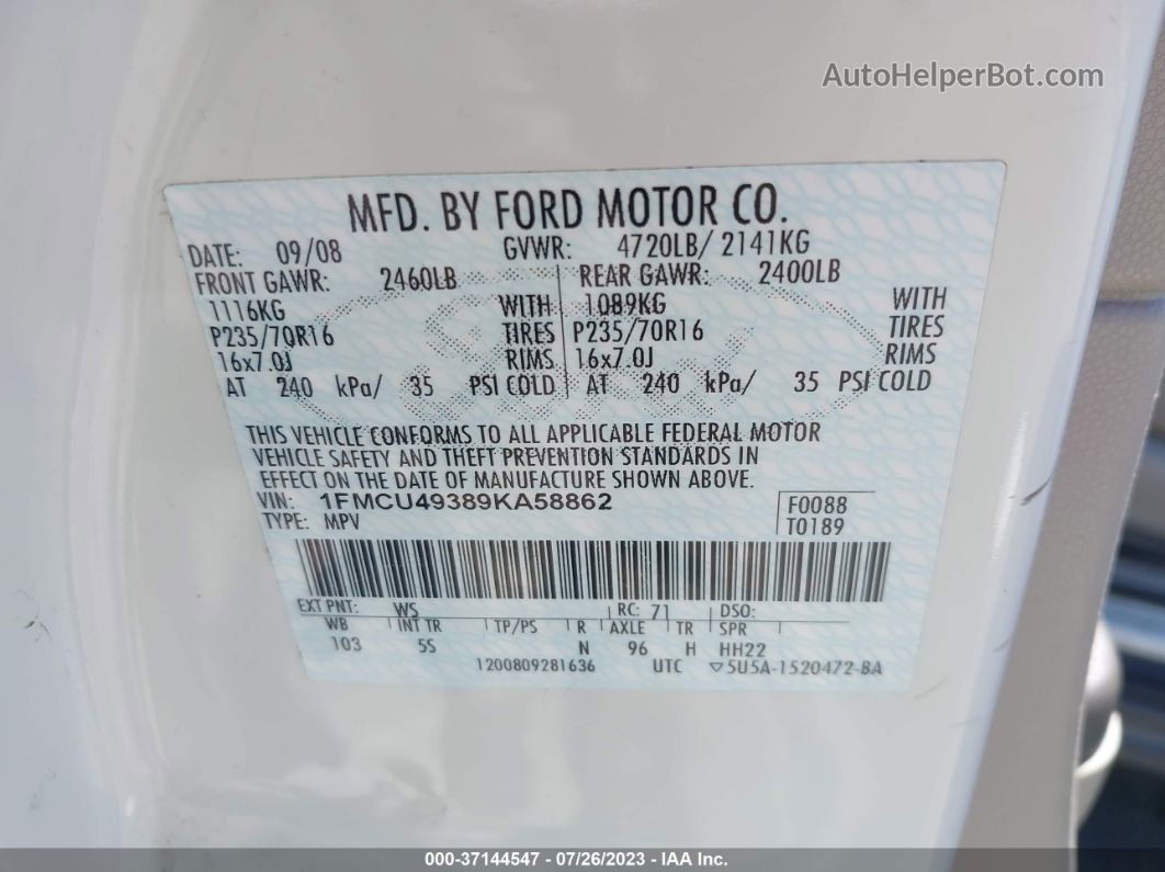 2009 Ford Escape Hybrid White vin: 1FMCU49389KA58862