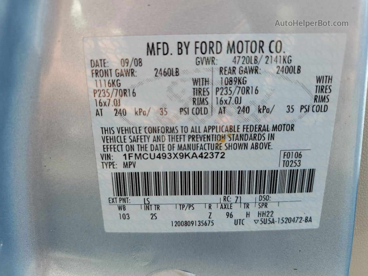 2009 Ford Escape Hybrid Blue vin: 1FMCU493X9KA42372