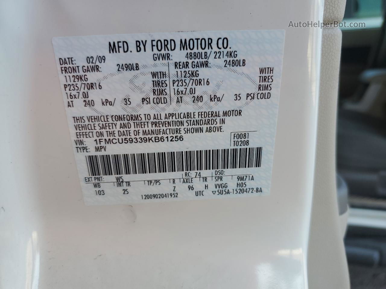 2009 Ford Escape Hybrid White vin: 1FMCU59339KB61256