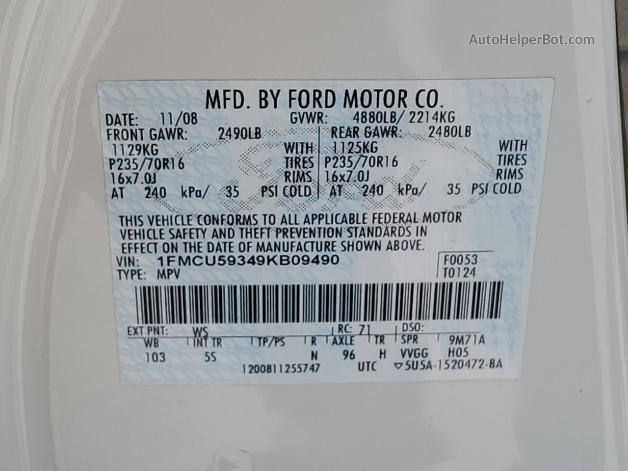 2009 Ford Escape Hybrid Белый vin: 1FMCU59349KB09490