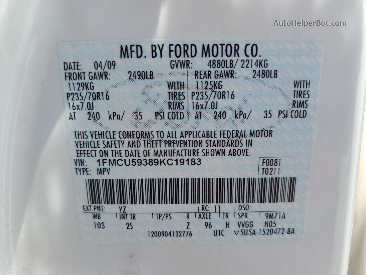 2009 Ford Escape Hybrid Белый vin: 1FMCU59389KC19183