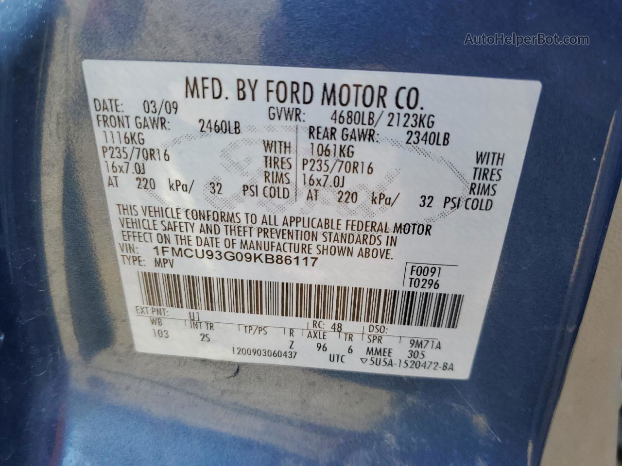 2009 Ford Escape Xlt Blue vin: 1FMCU93G09KB86117