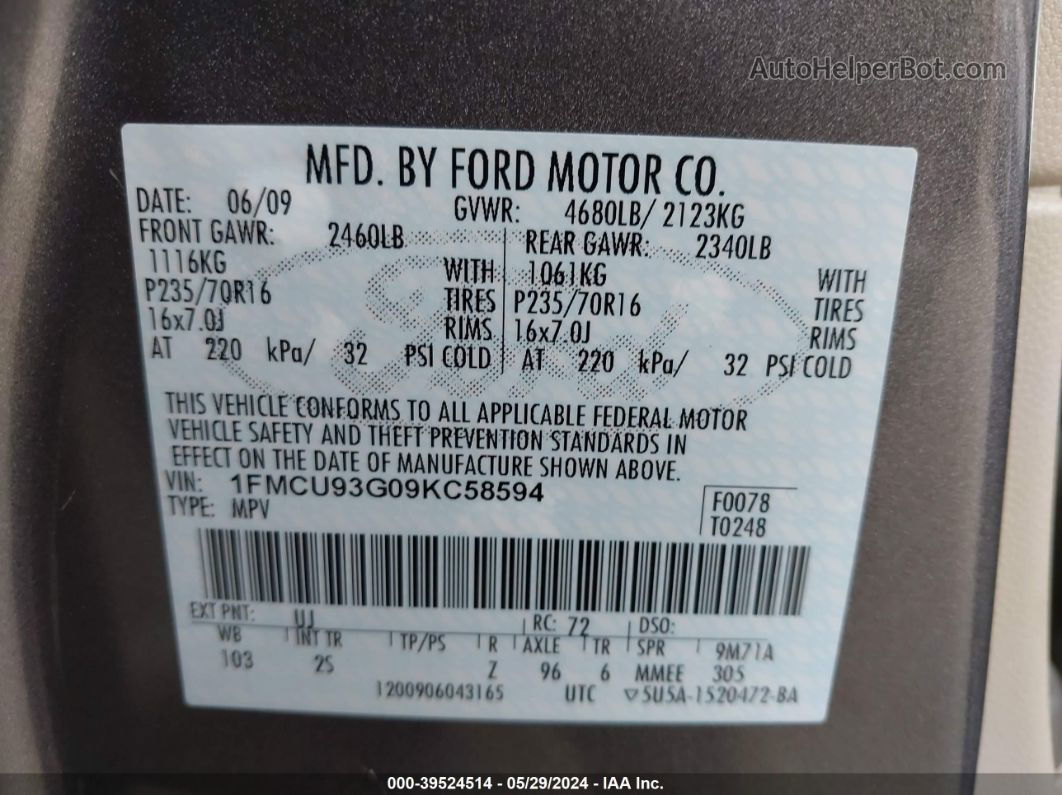 2009 Ford Escape Xlt Gray vin: 1FMCU93G09KC58594