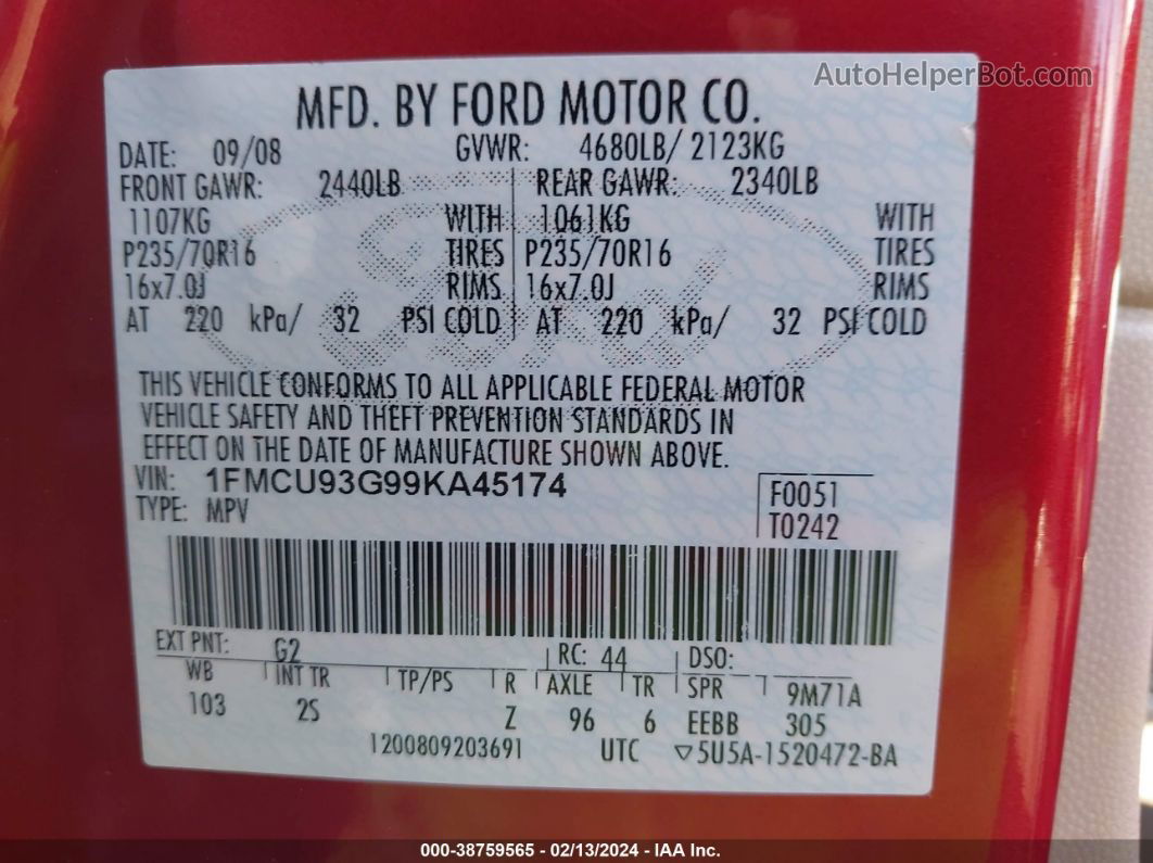 2009 Ford Escape Xlt Maroon vin: 1FMCU93G99KA45174