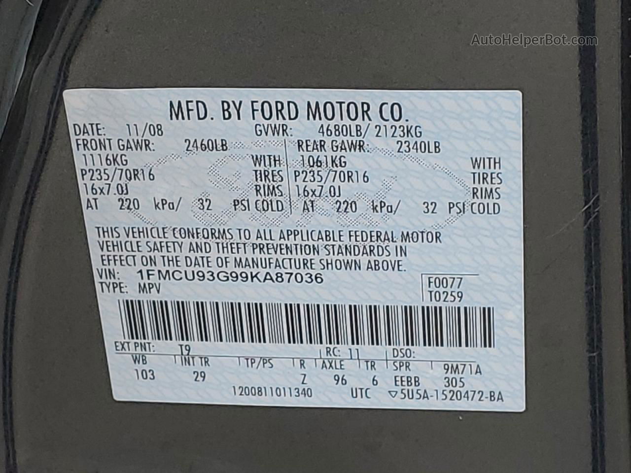 2009 Ford Escape Xlt Gray vin: 1FMCU93G99KA87036