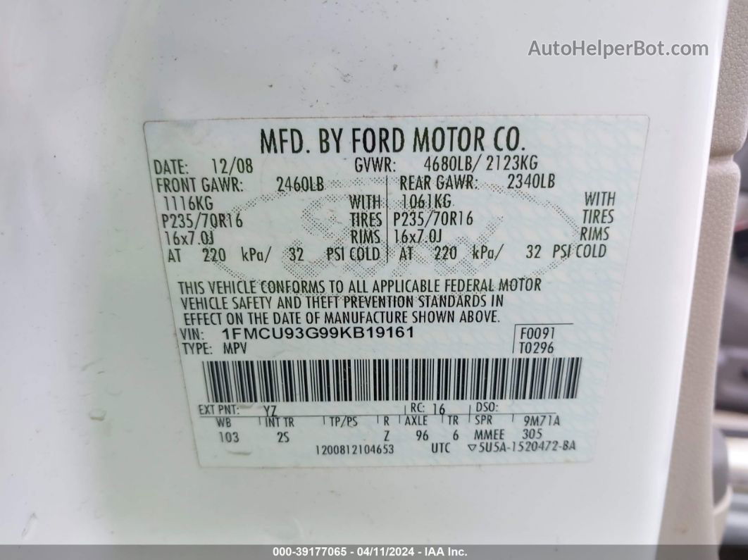 2009 Ford Escape Xlt Белый vin: 1FMCU93G99KB19161