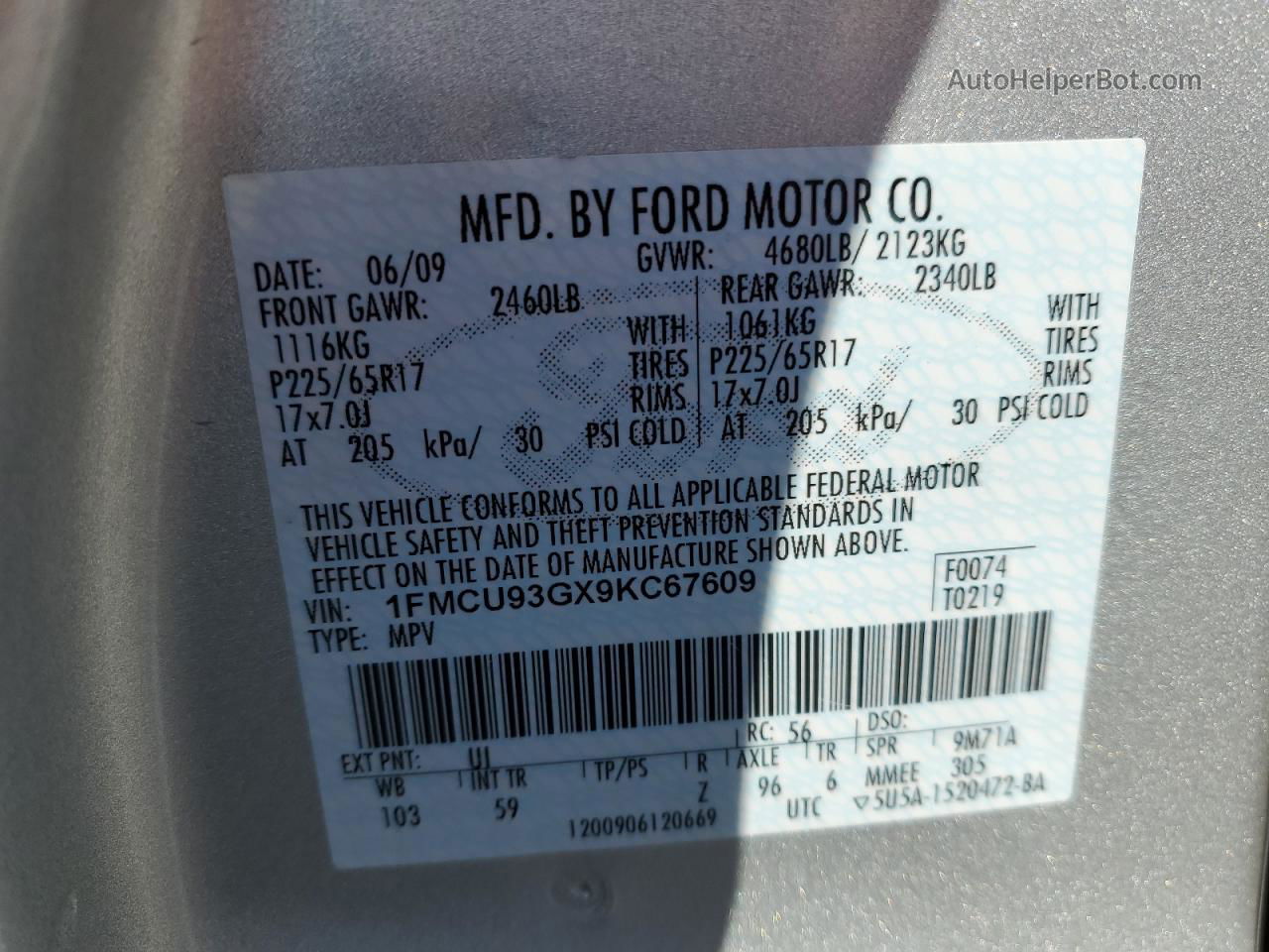 2009 Ford Escape Xlt Silver vin: 1FMCU93GX9KC67609