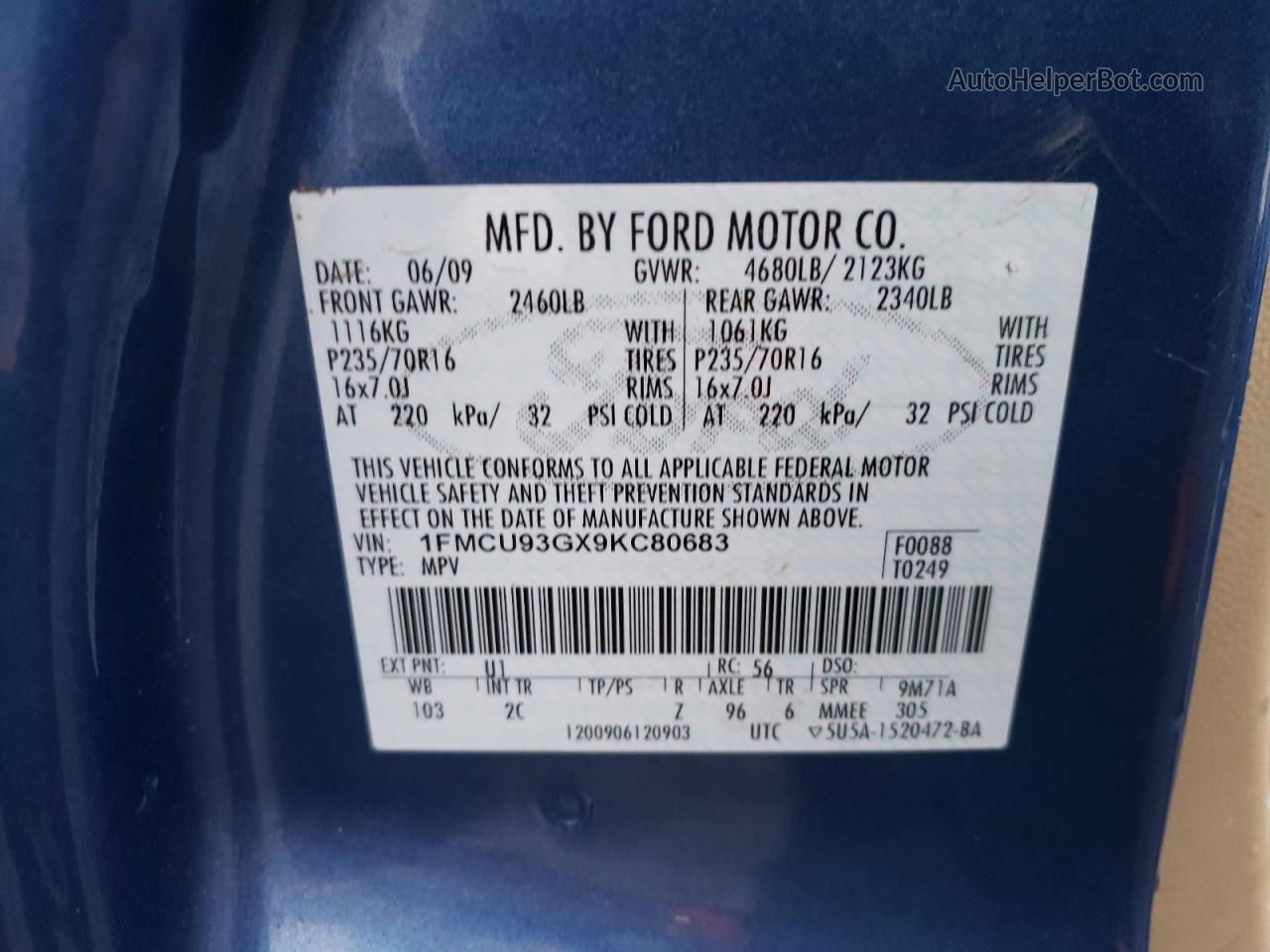 2009 Ford Escape Xlt Blue vin: 1FMCU93GX9KC80683