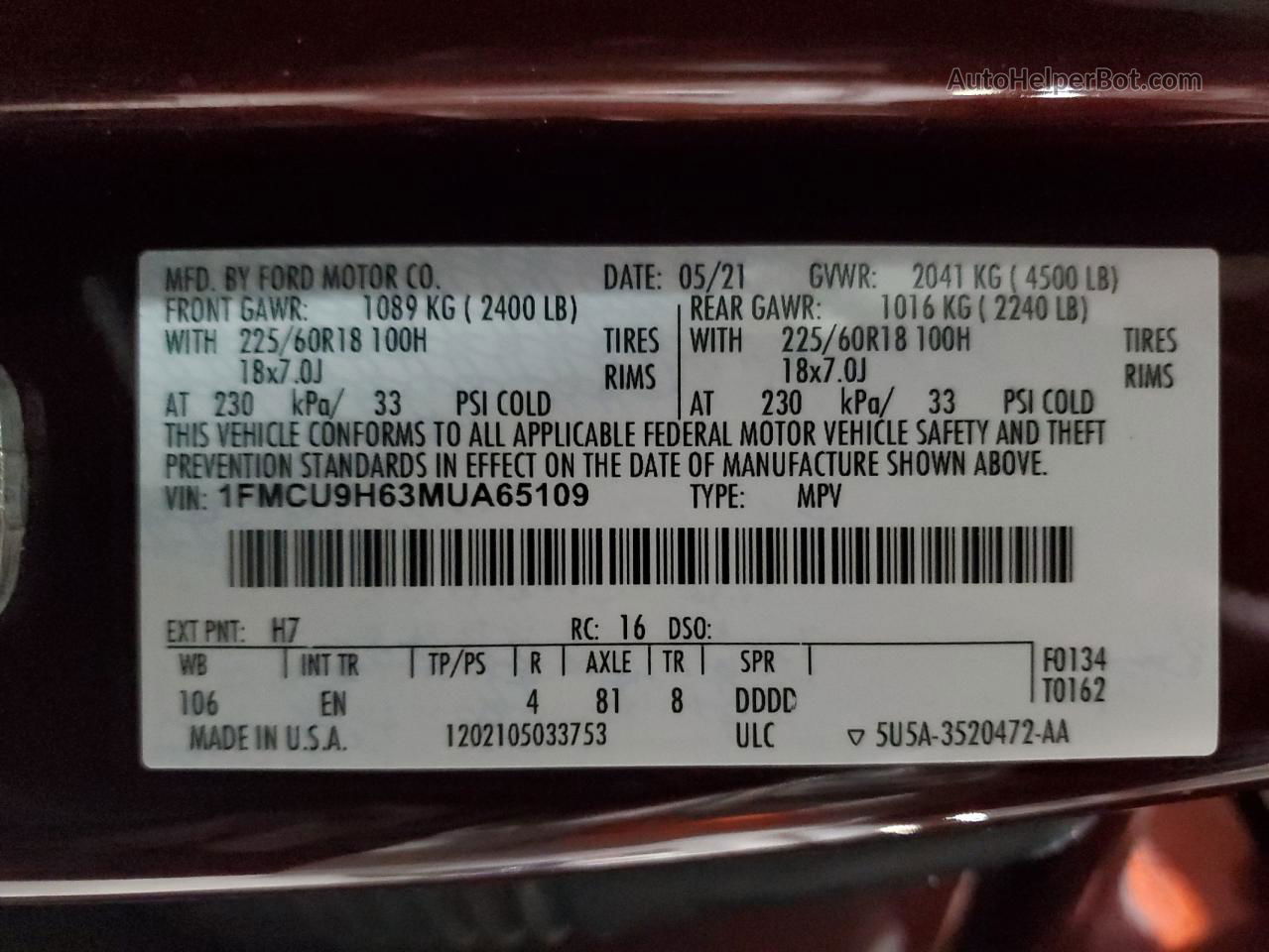 2021 Ford Escape Sel Burgundy vin: 1FMCU9H63MUA65109