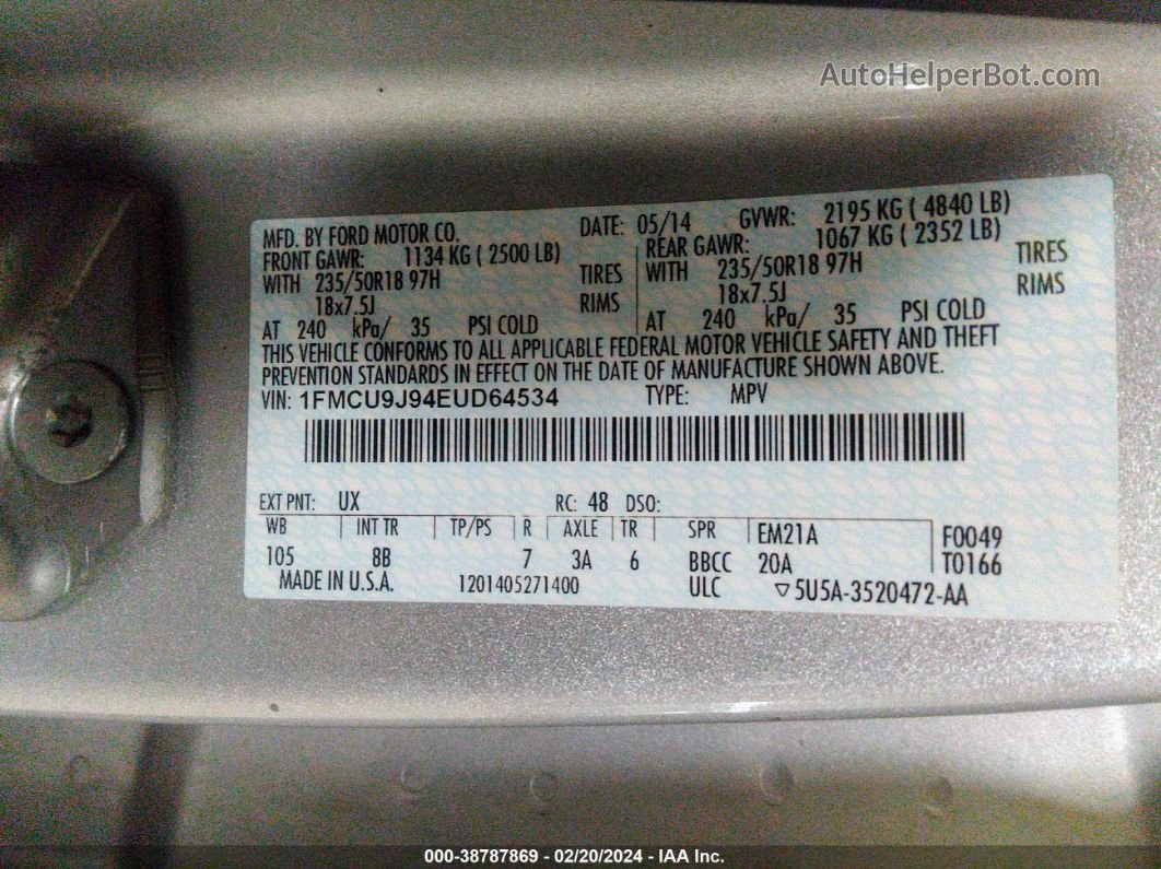 2014 Ford Escape Titanium Silver vin: 1FMCU9J94EUD64534