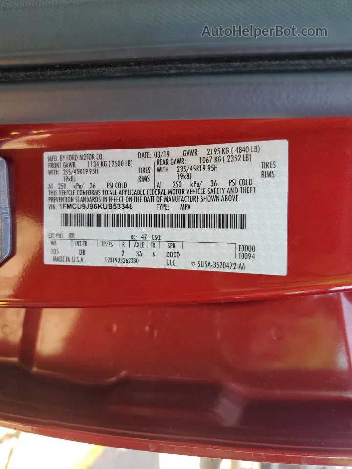 2019 Ford Escape Titanium Red vin: 1FMCU9J96KUB53346