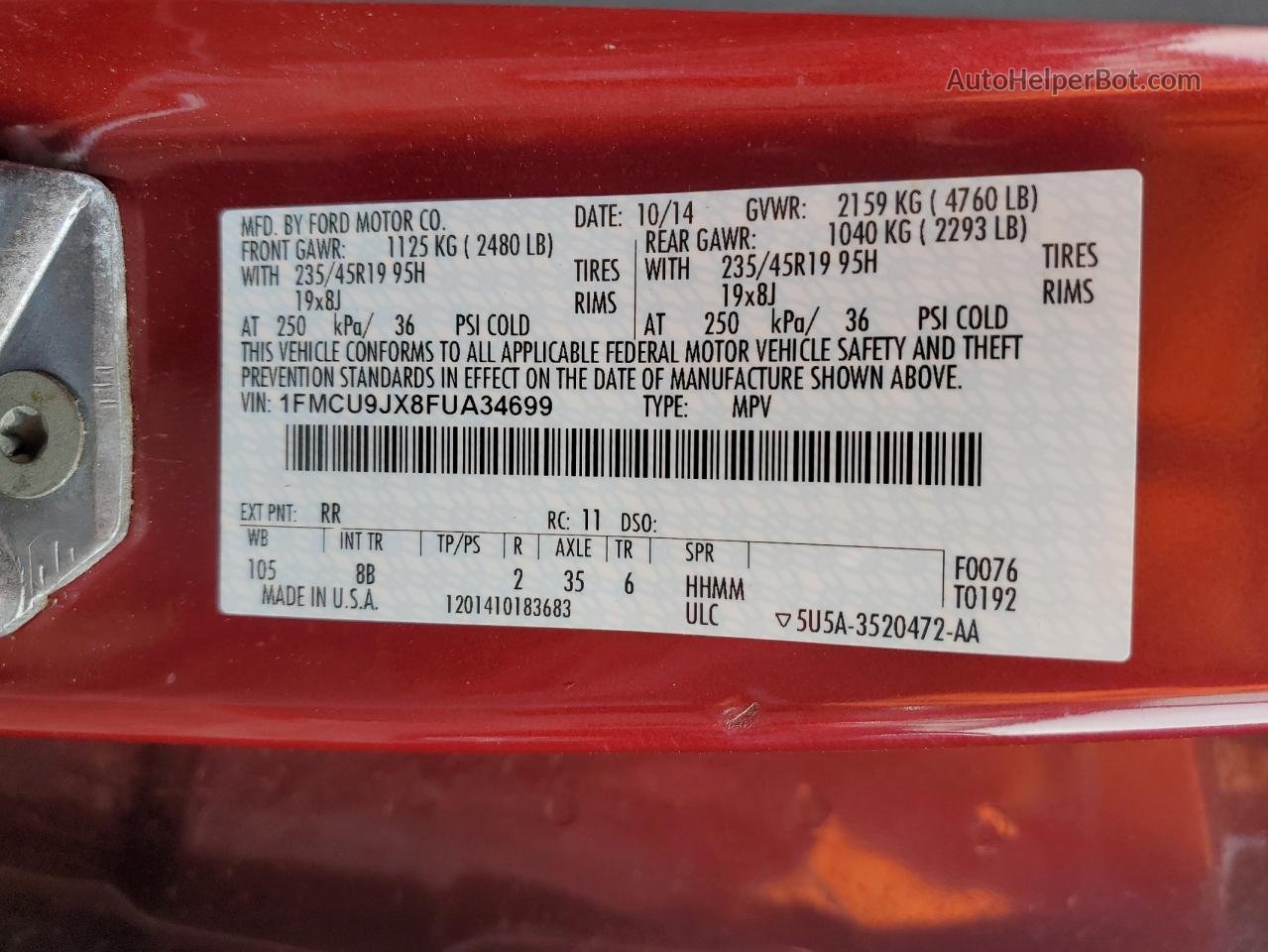 2015 Ford Escape Titanium Red vin: 1FMCU9JX8FUA34699