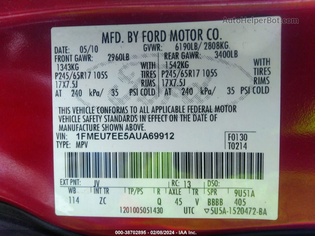 2010 Ford Explorer Eddie Bauer Red vin: 1FMEU7EE5AUA69912