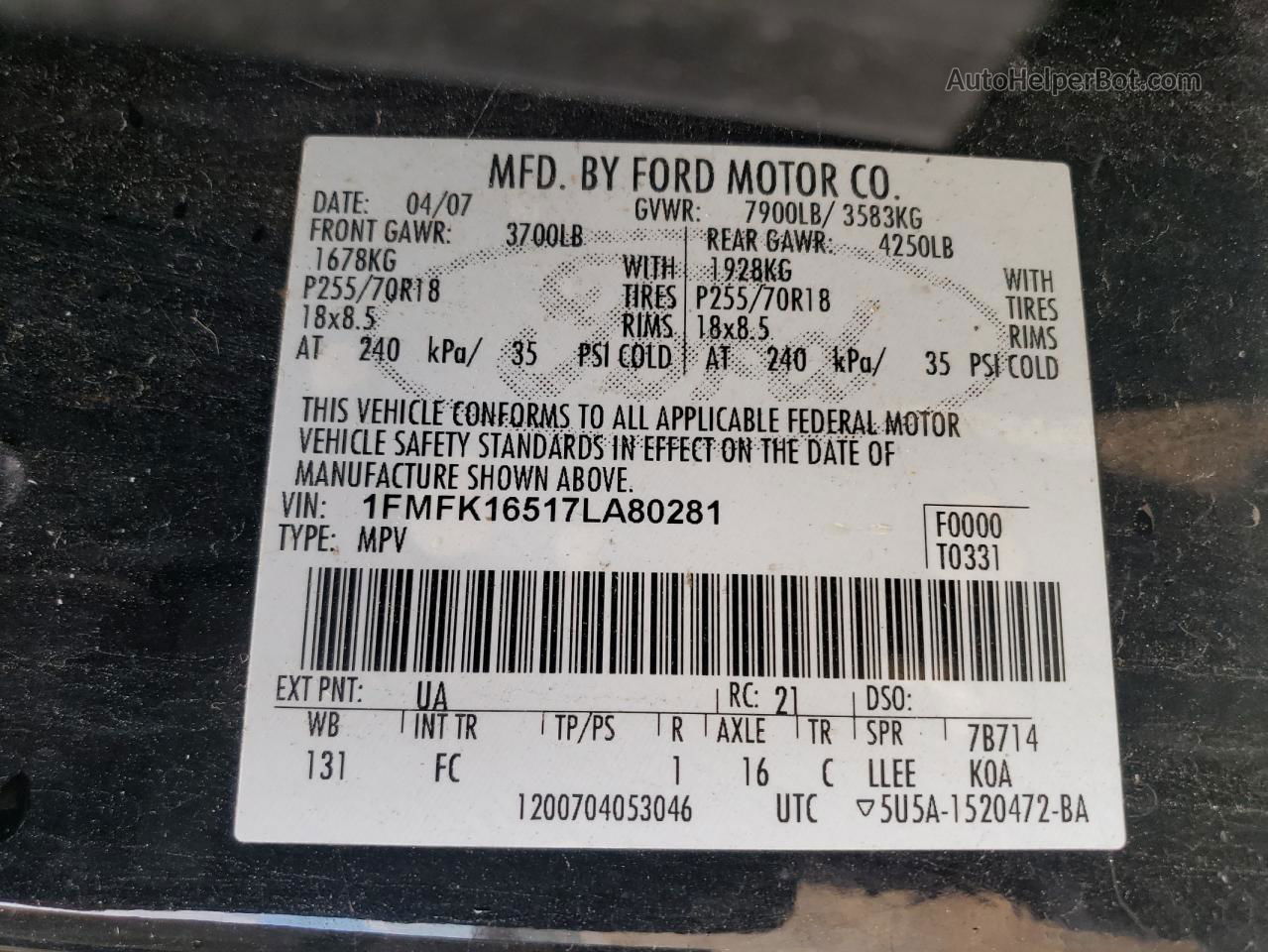 2007 Ford Expedition El Xlt Black vin: 1FMFK16517LA80281